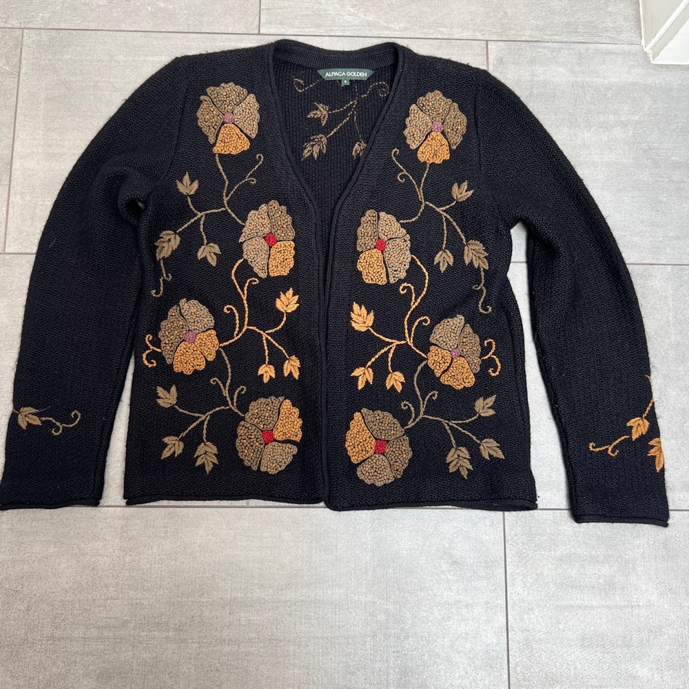 Floral Embroidered Black Cardigan w great colors! Very soft & cozy too! Unique!
